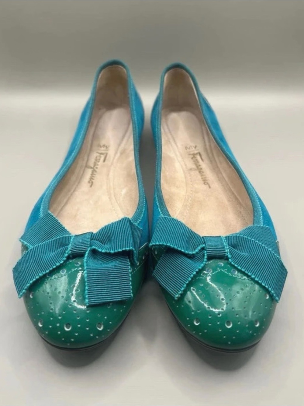Salvatore Ferragamo Teal and Emerald Bow Ballet Flats